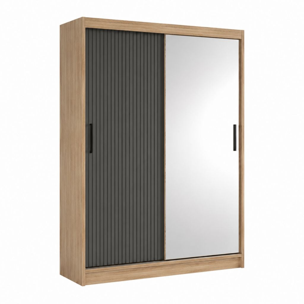 Kleiderschrank Schwebetürenschrank Eiche Natur Anthrazit Spanplatte rechteckig mit Spiegel 120 x 200 x 60 cm