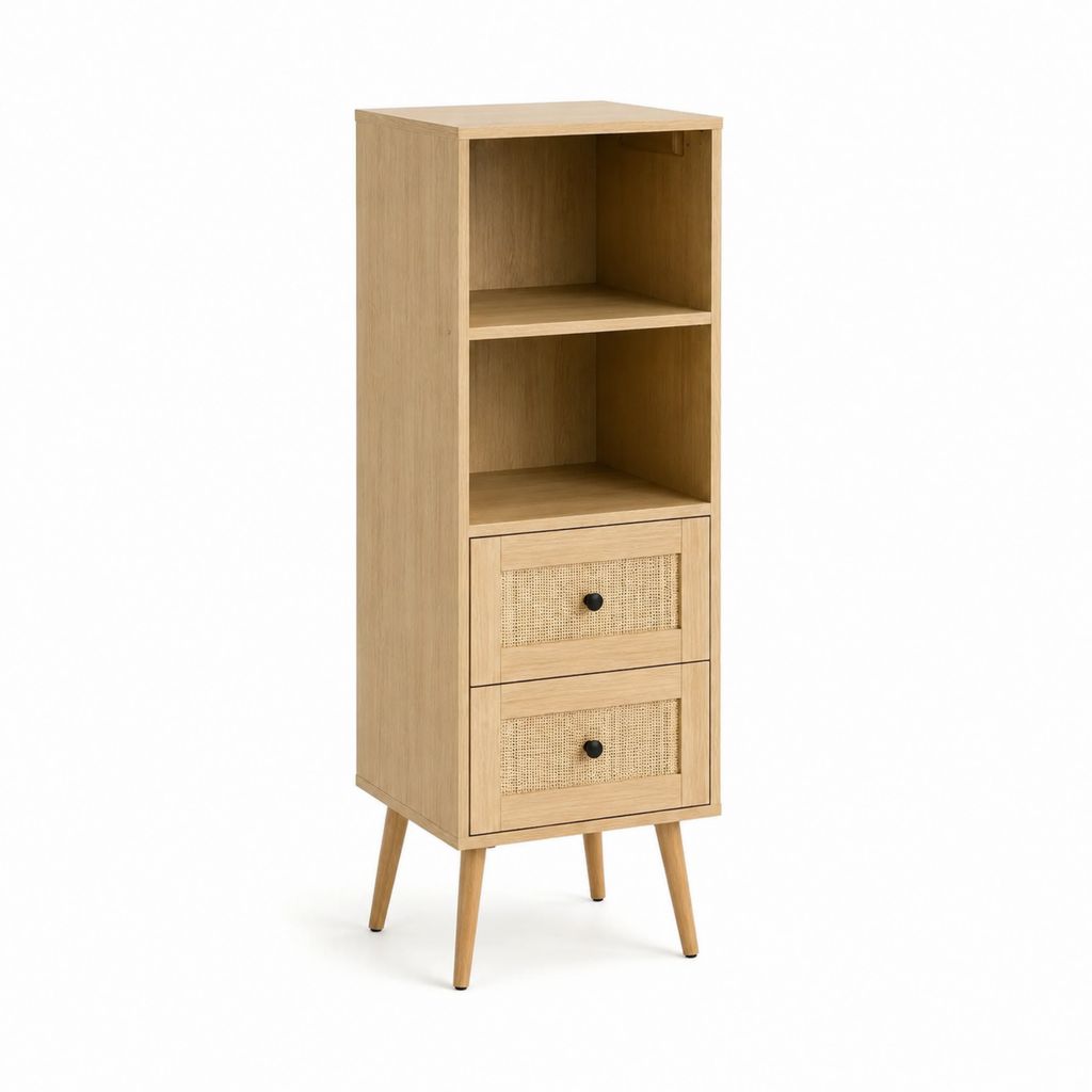Highboard mit 2 Schubladen und offenen Fächern in Eichenoptik mit Rattangeflecht 150 x 50 x 40 cm