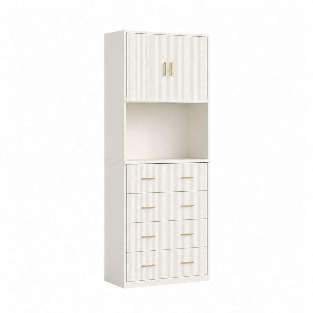 Buffetschrank Cremeweiß aus Spanplatte Rechteckig 80 x 40 x 200 cm mit 2 Türen 4 Schubladen und offenem Fach