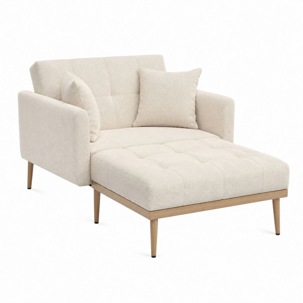 Chaiselongue Sessel Creme Bouclé-Polyester mit Massivholzgestell 98 x 165 x 82 cm