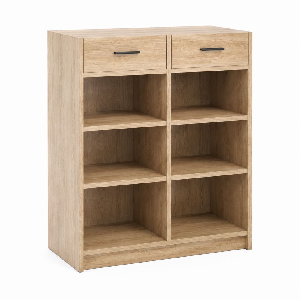 Sideboard mit 2 Schubladen und 6 offenen Fächern Eichefarben Spanplatte rechteckig 80 x 35 x 120 cm