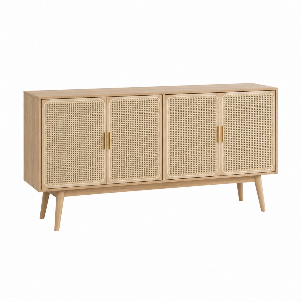 Sideboard 160 x 40 x 80 cm Natur Eichenfurnier MDF Rattangeflecht 4 Türen