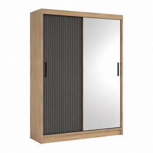 Kleiderschrank Schwebetürenschrank Eiche Natur Anthrazit Spanplatte rechteckig mit Spiegel 120 x 200 x 60 cm