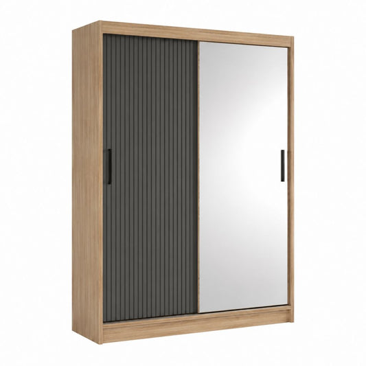 Kleiderschrank Schwebetürenschrank Eiche Natur Anthrazit Spanplatte rechteckig mit Spiegel 120 x 200 x 60 cm
