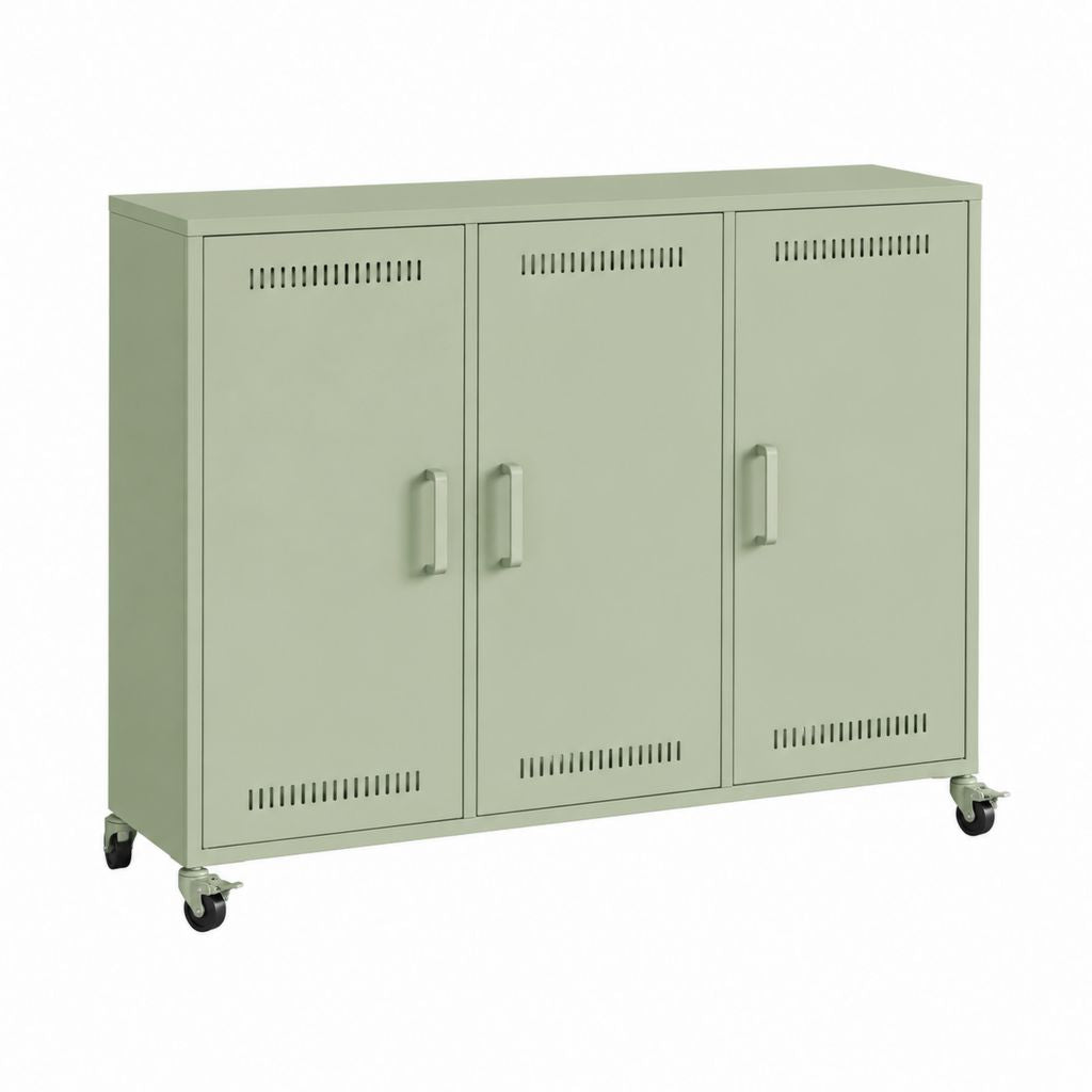Sideboard Metallschrank Salbeigrün aus pulverbeschichtetem Stahl mit 3 Türen und Rollen 120 x 40 x 100 cm