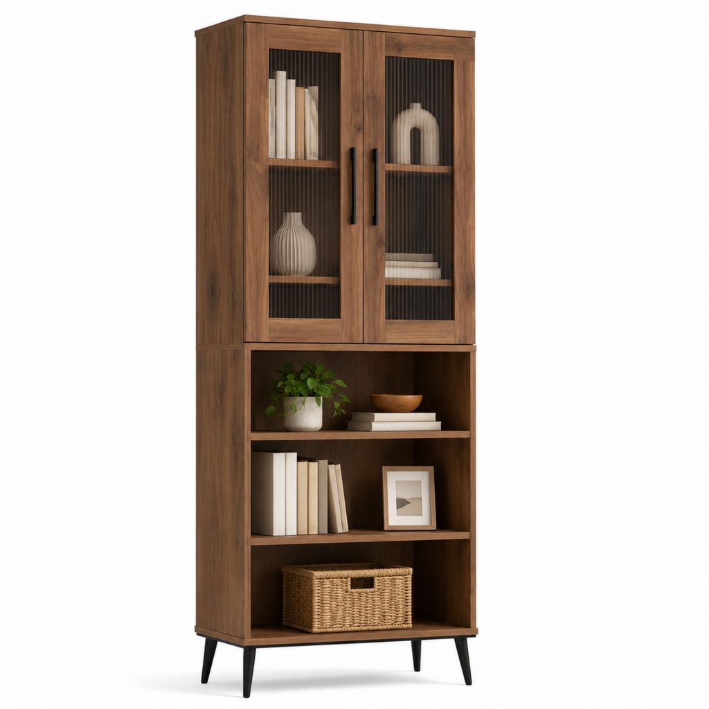 Vitrine mit 2 Glastüren und 3 offenen Fächern Walnuss Spanplatte 80 x 35 x 180 cm