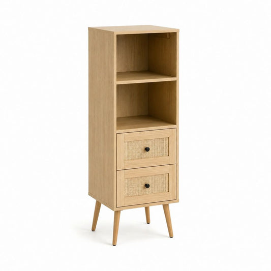 Highboard mit 2 Schubladen und offenen Fächern in Eichenoptik mit Rattangeflecht 150 x 50 x 40 cm
