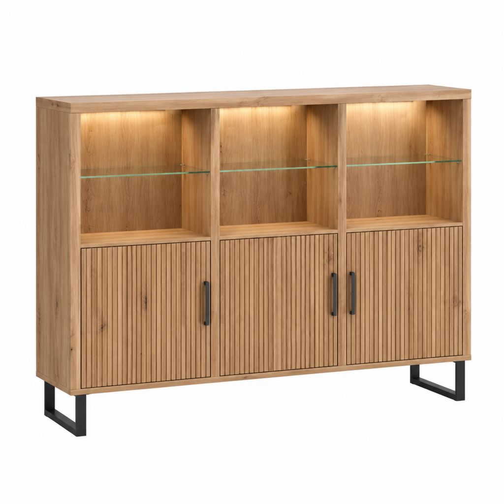Highboard Vitrine Eichefarben mit Glasböden LED-Beleuchtung 150 x 40 x 120 cm
