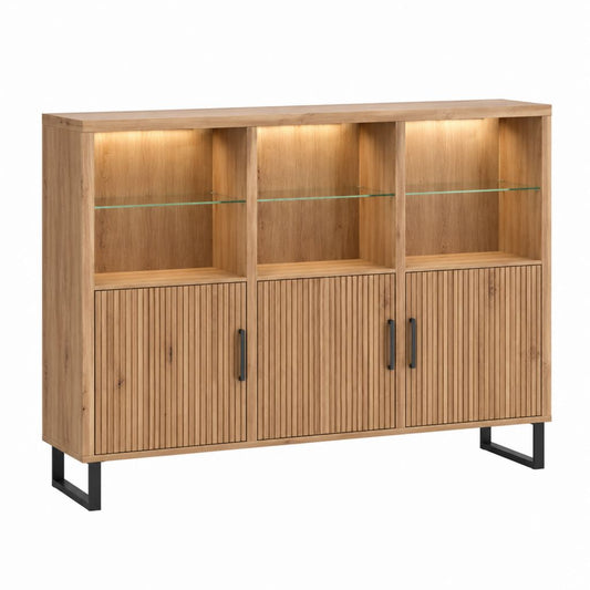 Highboard Vitrine Eichefarben mit Glasböden LED-Beleuchtung 150 x 40 x 120 cm