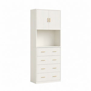 Buffetschrank Cremeweiß aus Spanplatte Rechteckig 80 x 40 x 200 cm mit 2 Türen 4 Schubladen und offenem Fach