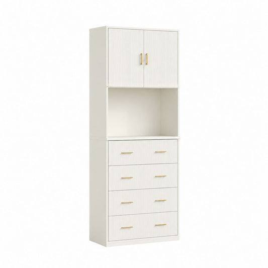 Buffetschrank Cremeweiß aus Spanplatte Rechteckig 80 x 40 x 200 cm mit 2 Türen 4 Schubladen und offenem Fach
