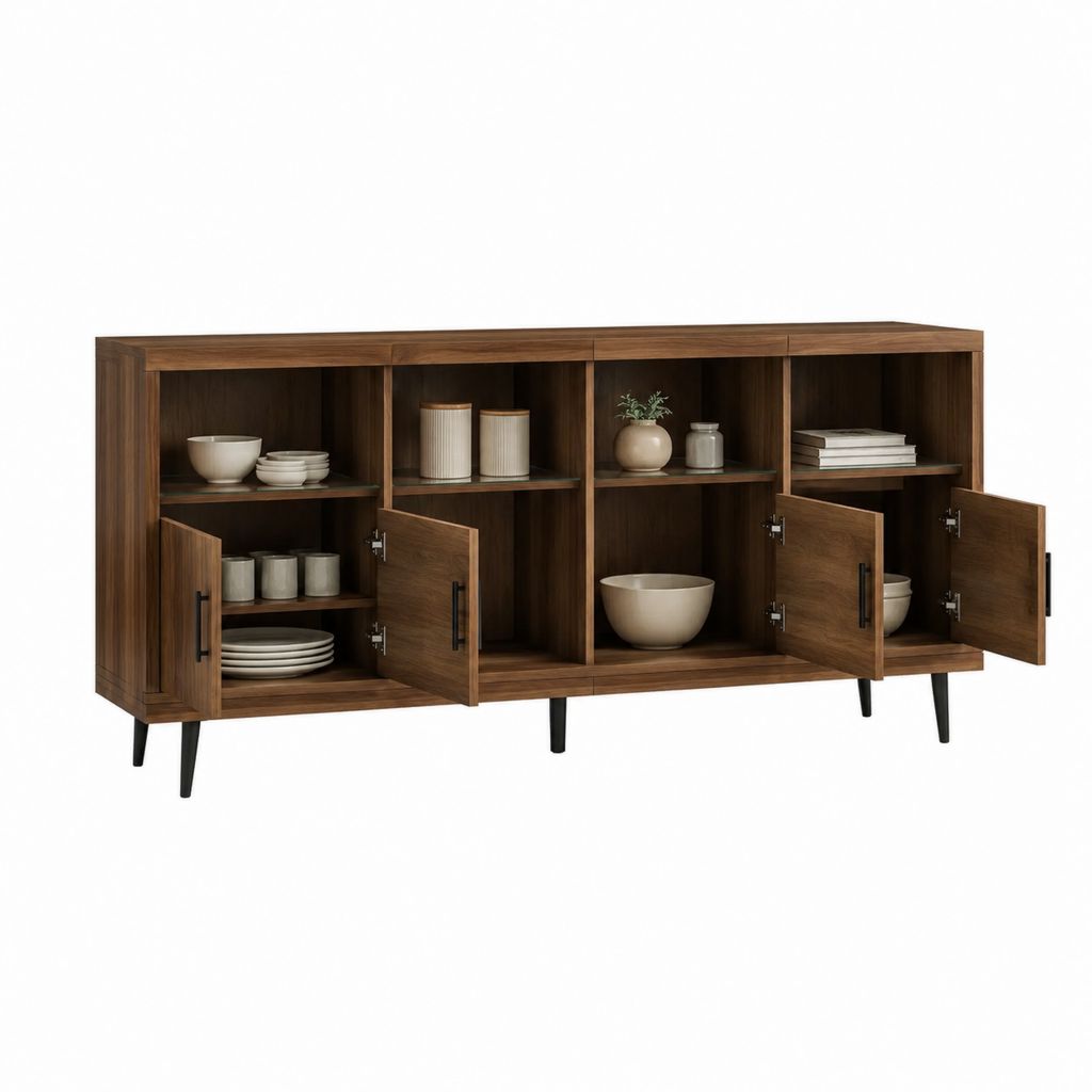 Sideboard Walnussbraun aus Spanplatte mit 4 Türen und offenen Fächern 180 x 40 x 80 cm