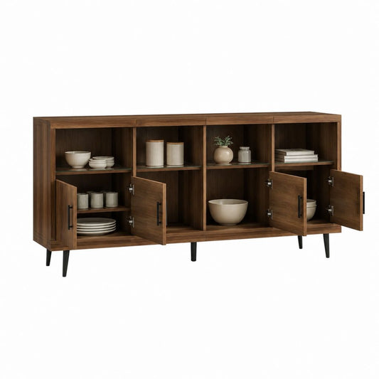 Sideboard Walnussbraun aus Spanplatte mit 4 Türen und offenen Fächern 180 x 40 x 80 cm