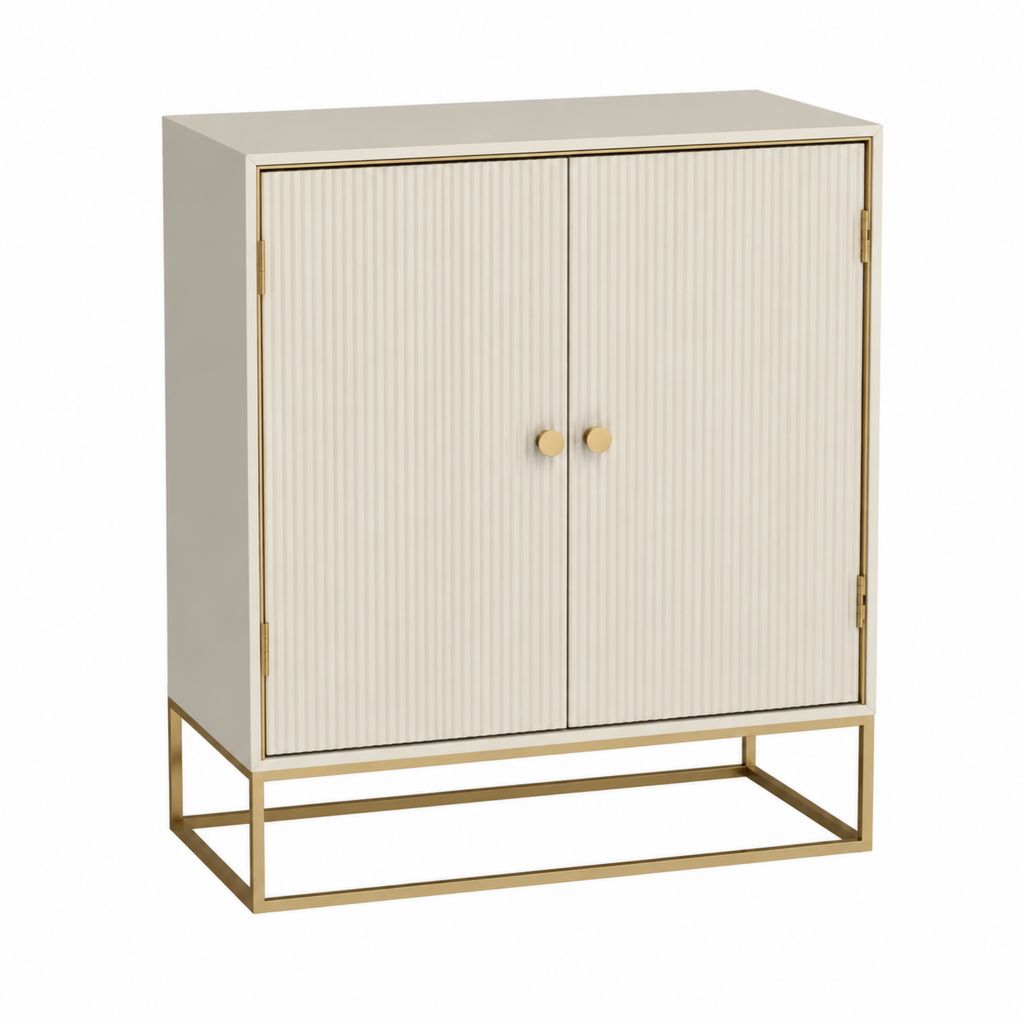 Highboard Schrank Beige MDF mit geriffelten Türen und Stahlgestell Gold 80 x 40 x 100 cm
