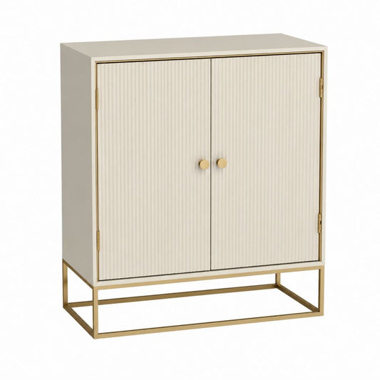 Highboard Schrank Beige MDF mit geriffelten Türen und Stahlgestell Gold 80 x 40 x 100 cm