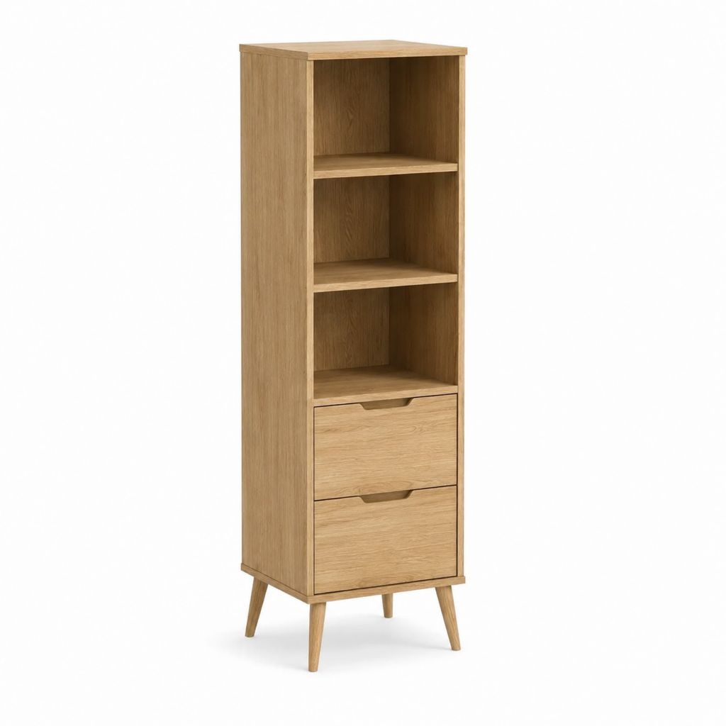 Hochschrank Eiche-Optik Spanplatte rechteckig mit 3 offenen Fächern und 2 Schubladen 50 x 40 x 180 cm