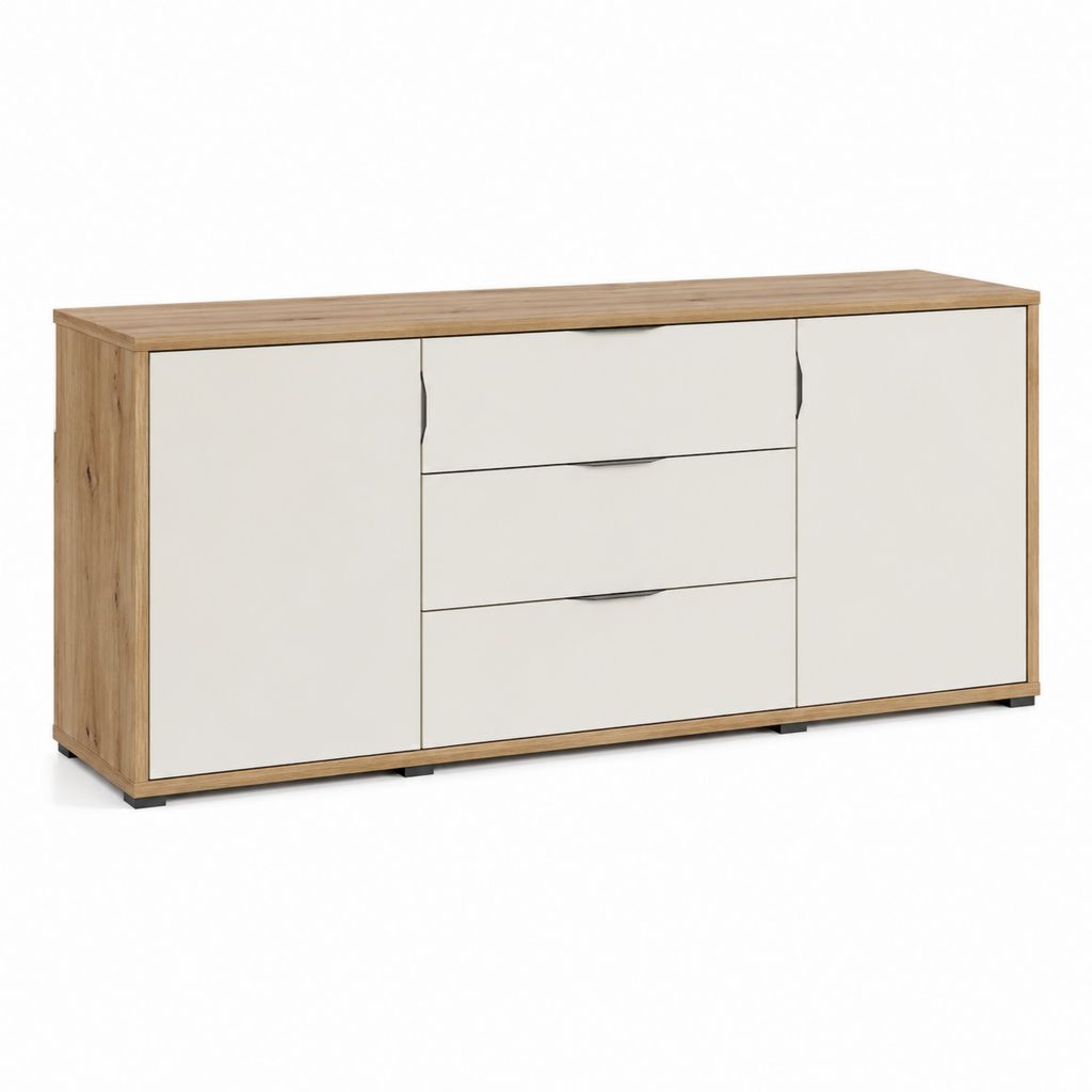 Sideboard mit 3 Schubladen und 2 Türen Weiß Eiche Dekor Spanplatte rechteckig 180 x 40 x 90 cm